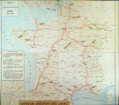 Mappa geografica francese che mostra le linee telegrafiche aeree da Unknown artist