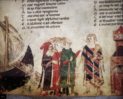 Mercante francese a Venezia. Miniatura del "Roman de Troy" di Benoit de Saint Maure. XIV secolo Biblioteca Marciana, Venezia da Unknown artist