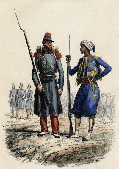 Uniforme militare francese: A sinistra, una legione straniera formata e inviata in Algeria nel 1831. A destra, cavalieri indigeni, addestrati e inviati in Algeria nel 1841. In "L