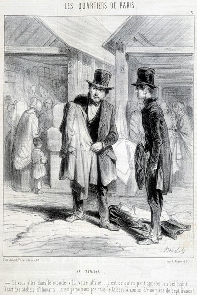 Fripier del quartiere del tempio a Parigi che cerca di vendere vestiti a un uomo. Incisione del XIX secolo. da Unknown artist