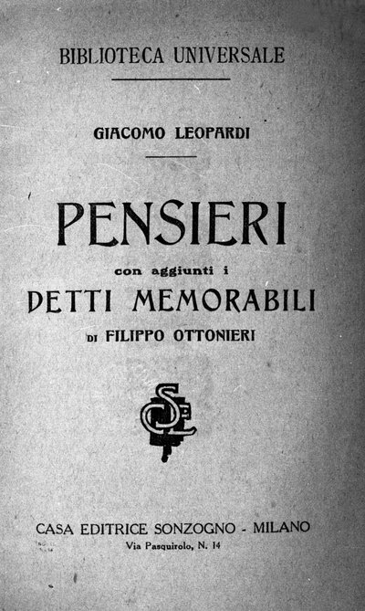Frontespizio di "Pensieri" del poeta italiano Giacomo Leopardi (1798-1837) XIX secolo da Unknown artist