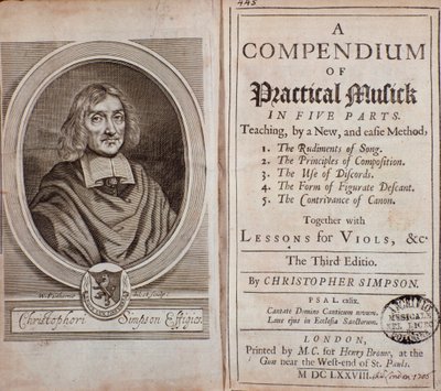 Frontespizio di Compendium di musica pratica in cinque parti con lezioni di viola da gamba di Cristopher Simpson da Unknown artist
