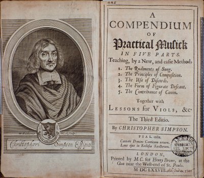 Frontespizio di Compendium of practical music con ritratto di Christopher Simpson da Unknown artist