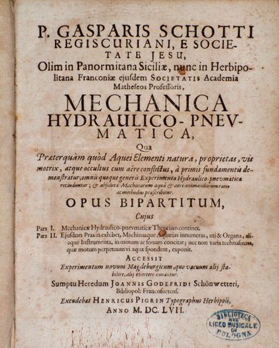Frontespizio di Mechanica Hydraulico Pneumatica di Gaspar Schott da Unknown artist
