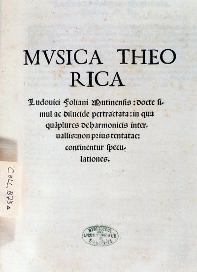 Frontespizio di Musica Theorica di Ludovico Foliani (incisione) da Unknown artist