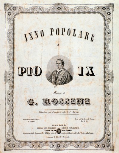 Frontespizio della partitura musicale Inno popolare per Pio IX di Gioacchino Rossini da Unknown artist