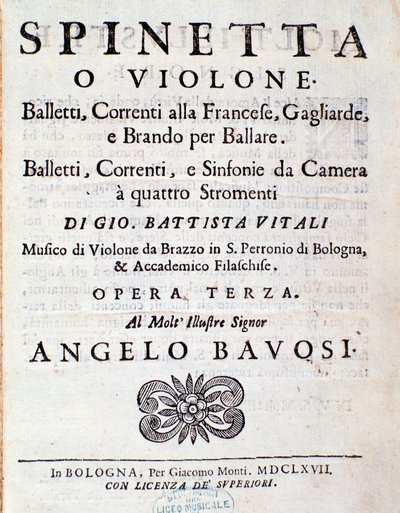 Frontespizio della partitura musicale di Balletti, correnti alla francese opus 3 di Giovanni Battista Vitali da Unknown artist