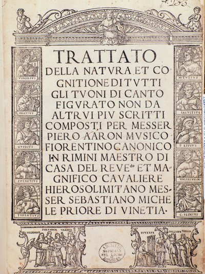 Frontespizio di Trattato della natura e Cognizione di tutti gli duoni di canto figurato di Pietro Aron da Unknown artist