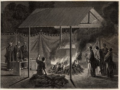 Cerimonie funebri: incinerazione rituale. Incisione per illustrare il viaggio in Giappone nel 1863-1864, di Aime Humbert, ministro della Confederazione Svizzera, in 