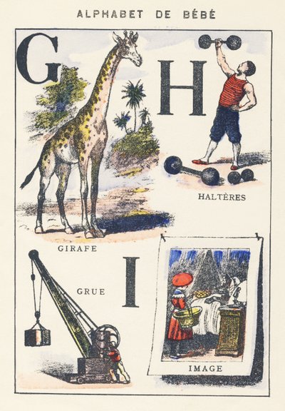 G H I: giraffa, gru, manubri, immagine da Unknown artist