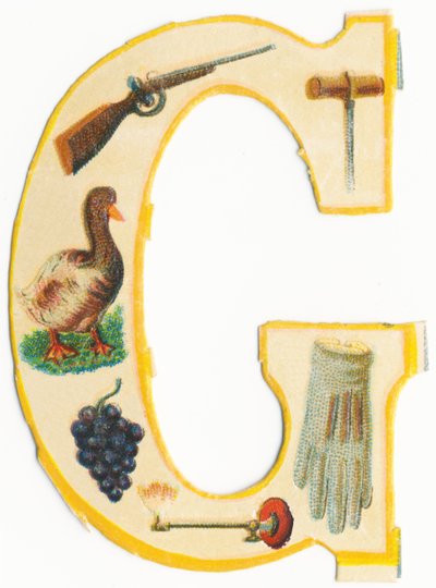 G: pistola, trivella, oca, uva, lampada a gas, guanto da Unknown artist