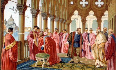 Galileo Galilei (1564 - 1642) presenta il suo cannocchiale nel Palazzo Ducale di Venezia. Cromolitografia del XIX secolo. da Unknown artist