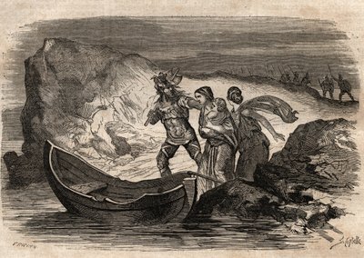 Guerre galliche, 58-51 a.C. Vittoria romana sulle tribù germaniche sotto Ariovisto - Ariovisto costretto a riattraversare il Reno - Ariovisto costretto a riattraversare il Reno - incisione in "Dictionnaire populaire illustré" - 1864 - di Joseph Decembre e  da Unknown artist