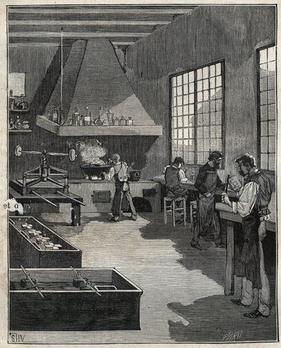 Oreficeria galvanica: preparazione degli stampi. Incisione del 1885 in "Les arts et metiers illustres" di Adolphe Bitard da Unknown artist