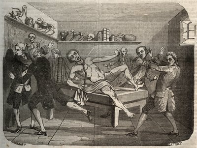Galvanizzazione del cadavere di un boia con la pila di Alessandro Volta: sotto l