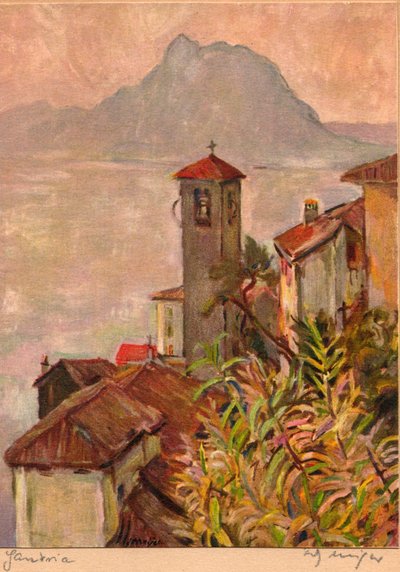 Gandria, Svizzera, con il Monte San Salvatore e il Lago di Lugano, cartolina di Fritz Meijer, 1940 circa (litografia a colori) da Unknown artist