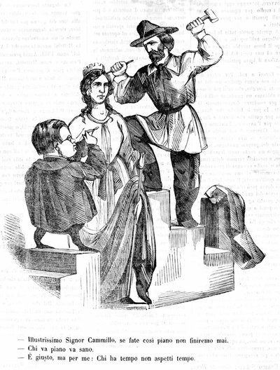 Garibaldi: Sig. Camillo (Cavour), se va così lentamente non finiremo mai. Cavour: Chi va piano va lontano. Garibaldi: È vero, ma chi ha tempo non aspetta tempo. Incisione satirica di Il Fischietto da Unknown artist