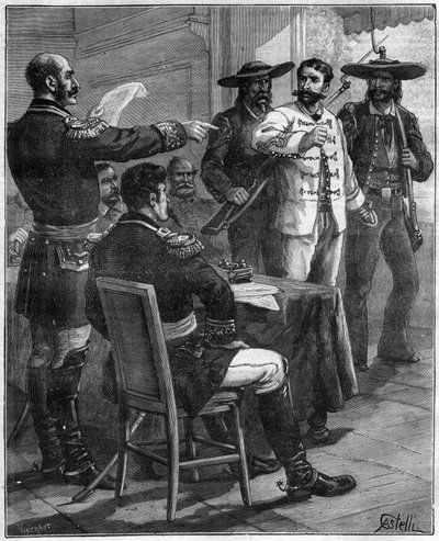 Gaston de Raousset-Boulbon (Raousset Boulbon) (Gaston Raoulx Boulbon) 1817-1854 tradotto davanti a un consiglio di guerra, nel 1854 in Messico - incisione del 1888 da Unknown artist