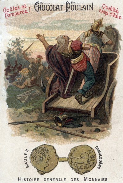 Galli Aulerci: Battaglia di Lutetia tra Camulogene e Labieno nel 53 a.C. Cromolitografia della fine del XIX secolo. Collezione privata. da Unknown artist