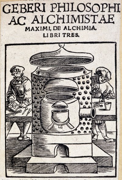 Pagina del titolo di Geberi philosophi ac alchimistae di un trattato di alchimia. Geber (ca. 721-ca. 815), alchimista arabo da Unknown artist