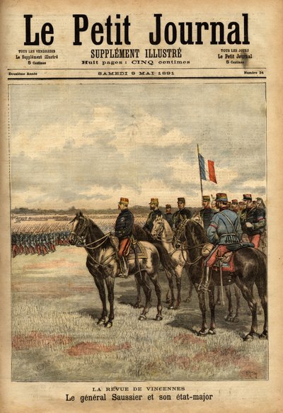 Generale Felix Gustave (Felix-Gustave) Saussier (1828-1905) e il suo staff che rivedono le truppe a Vincennes. Incisione in "Le petit journal illustrato" 09/05/1891. Collezione Selva da Unknown artist