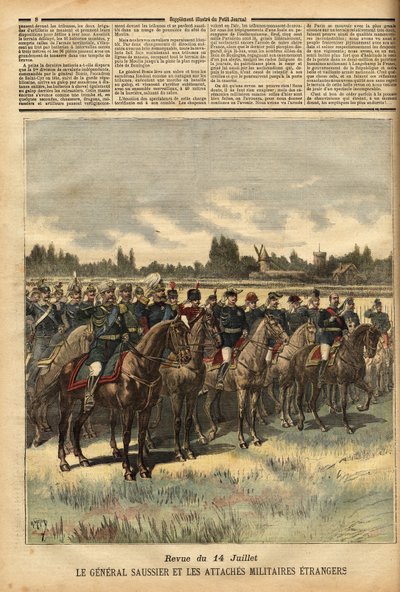 Generale Felix Gustave Saussier (1828-1905), governatore militare di Parigi dal 1884, circondato da legami militari stranieri, ha passato in rassegna le truppe durante la parata del 14 luglio 1891 nella pianura del Bois de Boulogne. Incisione in "Le petit  da Unknown artist