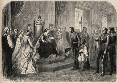 Il generale Robert Cornelis Napier (1810-1890) presentò Leul Alemayehou Tewodros (1861-1879), figlio del negus etiope Teodoro II, alla regina Vittoria I (1819-1901). Incisione in "L