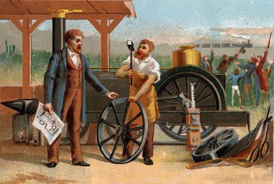 George Stephenson (1781-1848) rappresentato con una delle sue invenzioni: la locomotiva. Cromolitografia tarda del XIX secolo da Unknown artist