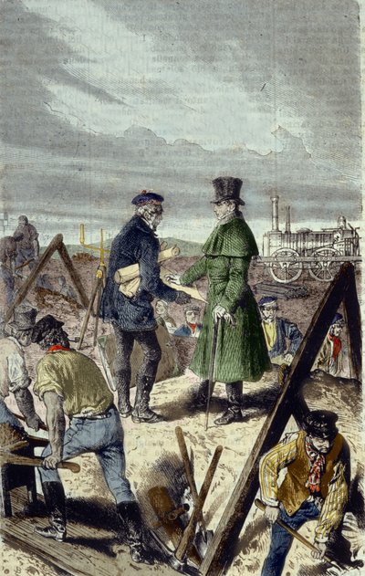 Georges Stephenson (1781-1848), ingegnere inglese, costruttore della strada Liverpool-Manchester con la sua prima locomotiva da Unknown artist