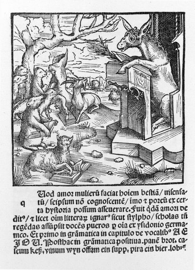 Incunabolo tedesco che raffigura un asino che insegna a una classe di animali della foresta. 1490. da Unknown artist