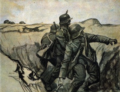 Soldati tedeschi lanciano granate dalle trincee contro le truppe nemiche. 26/5/1917. da Unknown Artist