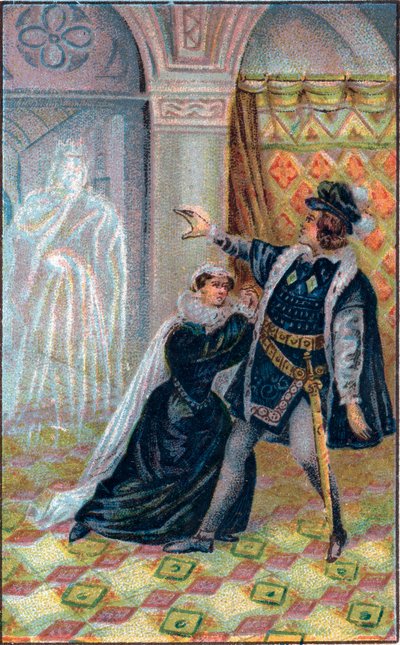 Gertrude, Amleto e il fantasma del padre di Amleto. In "Amleto" di William Shakespeare. Cromolitografia della fine del XIX secolo da Unknown artist