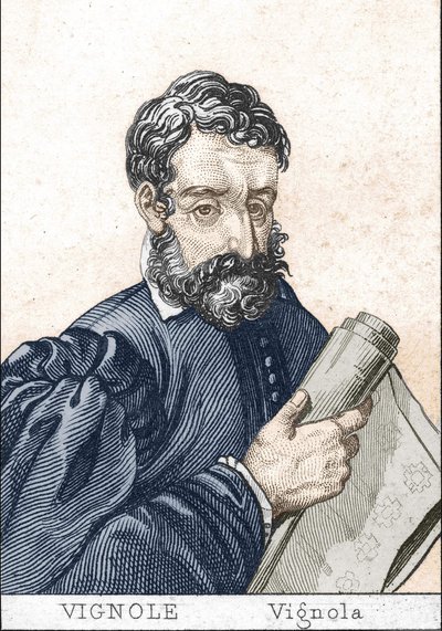 Giacomo Barozzi, detto il Vignola, in francese, Le Vignole, che tiene un piano. da Unknown artist