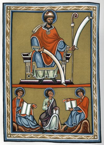 Gilberto della Porreta e i suoi discepoli, Jourdain Fantosme, Yves de Chartres e Jean Beleth. Facsimile del XIX secolo di una miniatura del XII secolo in 