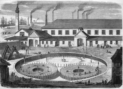 Fabbrica di cavi elettrici Glass Eiliot a Greenwich. Avvolgimento del cavo nelle vasche prima del trasporto sulla nave "Leviathan". Incisione del 1865 da Unknown artist