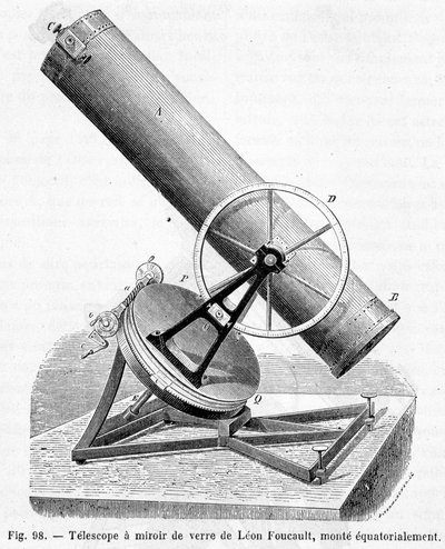 Telescopio a specchio di vetro di Léon Foucault, montato equatorialmente - in "Le meraviglie della scienza" di Louis Figuier da Unknown artist