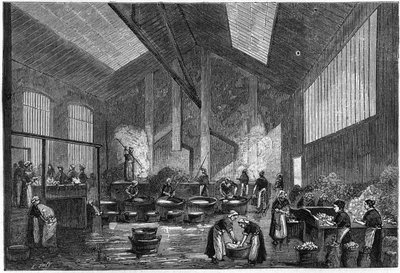 Officina di selezione del vetro, rue de Crimee a Parigi. Incisione in "La Nature: revue des sciences et de leurs applications aux arts et a l