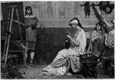 Glicere che posa davanti al pittore greco Pausias (IV secolo a.C.) per il dipinto "Stephanopoclos". Incisione in "Le journal de la jeunesse" da Unknown artist