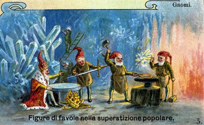 Gnomi, personaggi delle favole nella tradizione popolare. Cromolitografia da Unknown artist