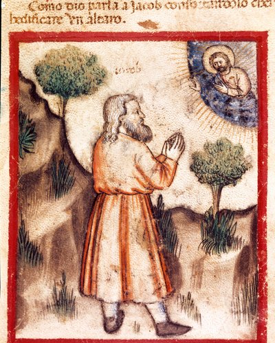 Dio chiede a Giacobbe di andare a Bethel e costruire un altare. Miniatura dal codice 212 (o codice padovano o Bibbia di Padova) 1390-1400 Rovigo, Accademia dei Concordi da Unknown artist