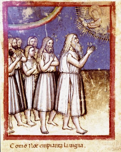 Dio benedice Noè e la sua famiglia sopravvissuti al Diluvio (Miniatura dal codice 212 o Bibbia di Padova) da Unknown artist