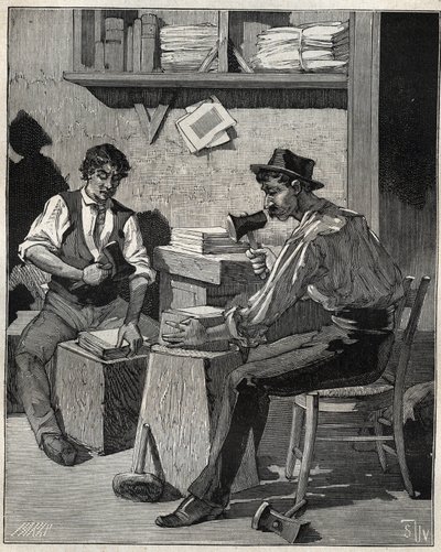 Battiloro. Incisione del 1885 in "Les arts et metiers illustres" di Adolphe Bitard da Unknown artist