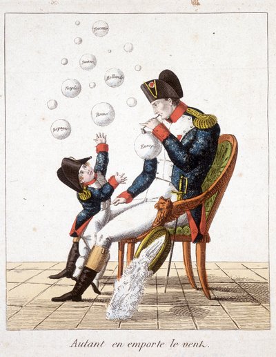 Via col vento: Napoleone che fa bolle di sapone da Toscana, Svizzera, Olanda, Napoli, Roma, Spagna ed Europa - in "Napoleone I, caricature, collezione fittizia", c. 1814 da Unknown artist