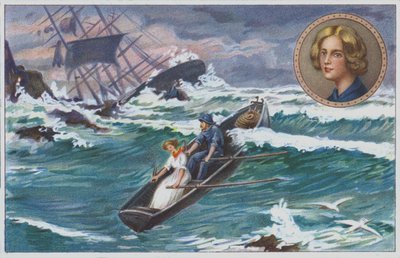 Grace Darling parte con il padre per salvare i superstiti del vascello naufragato, il "Forfarshire", nel 1838. (cromolito) da Unknown artist