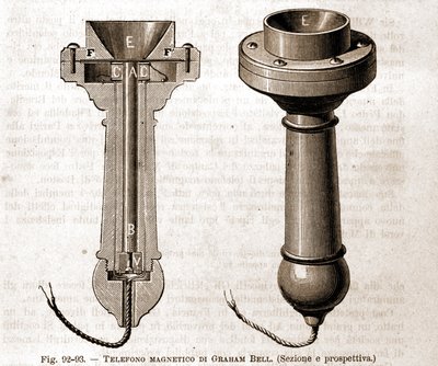 Taglio del telefono magnetico di Graham Bell. Incisione del XIX secolo da Unknown artist