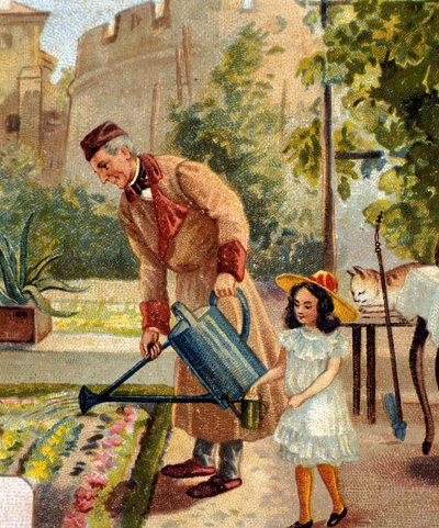 Nonno che fa giardinaggio con la sua nipotina cromolitografia fine XIX secolo da Unknown artist