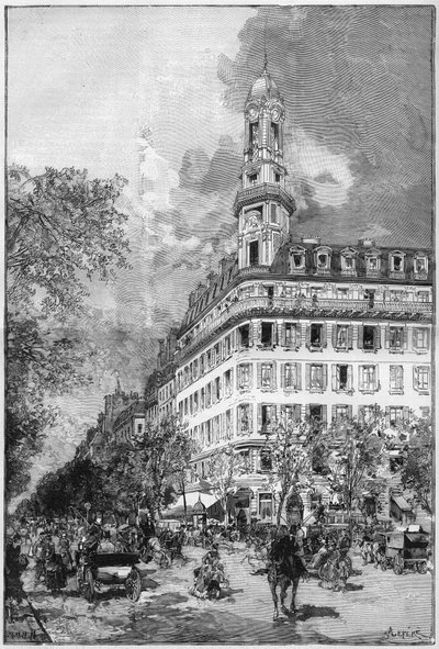 Grandi boulevard e edifici haussmanniani a Parigi: Hotel della Compagnia "La New York" boulevard des Italiens. Incisione in "Le Monde Illustré" da Unknown artist