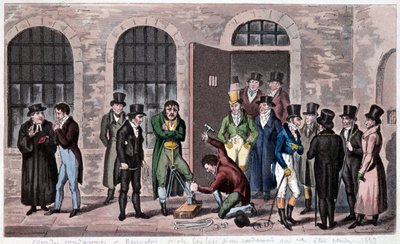 Gran Bretagna Prigione: Una condanna a morte è affissa alla prigione di Newgate a Londra (spesso citata nei romanzi di Charles Dickens). Incisione intorno al 1823. Biblioteca delle Arti Decorative. da Unknown artist
