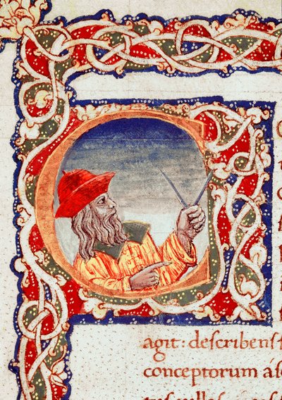 Astronomo greco Claudio Tolomeo (circa 90-168 d.C.) usando un compasso per fare calcoli Miniatura tratta da 