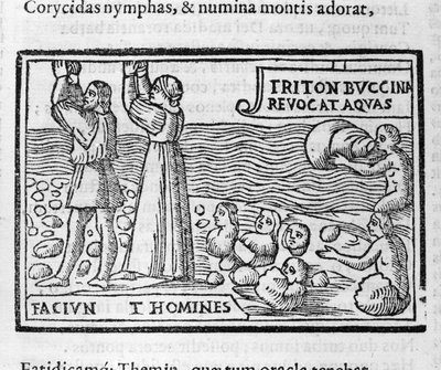 Mitologia greca: Deucalione e Pirra lanciano pietre che danno vita agli esseri umani dopo il diluvio per popolare la Terra. Xilografia del XVI secolo da Unknown artist
